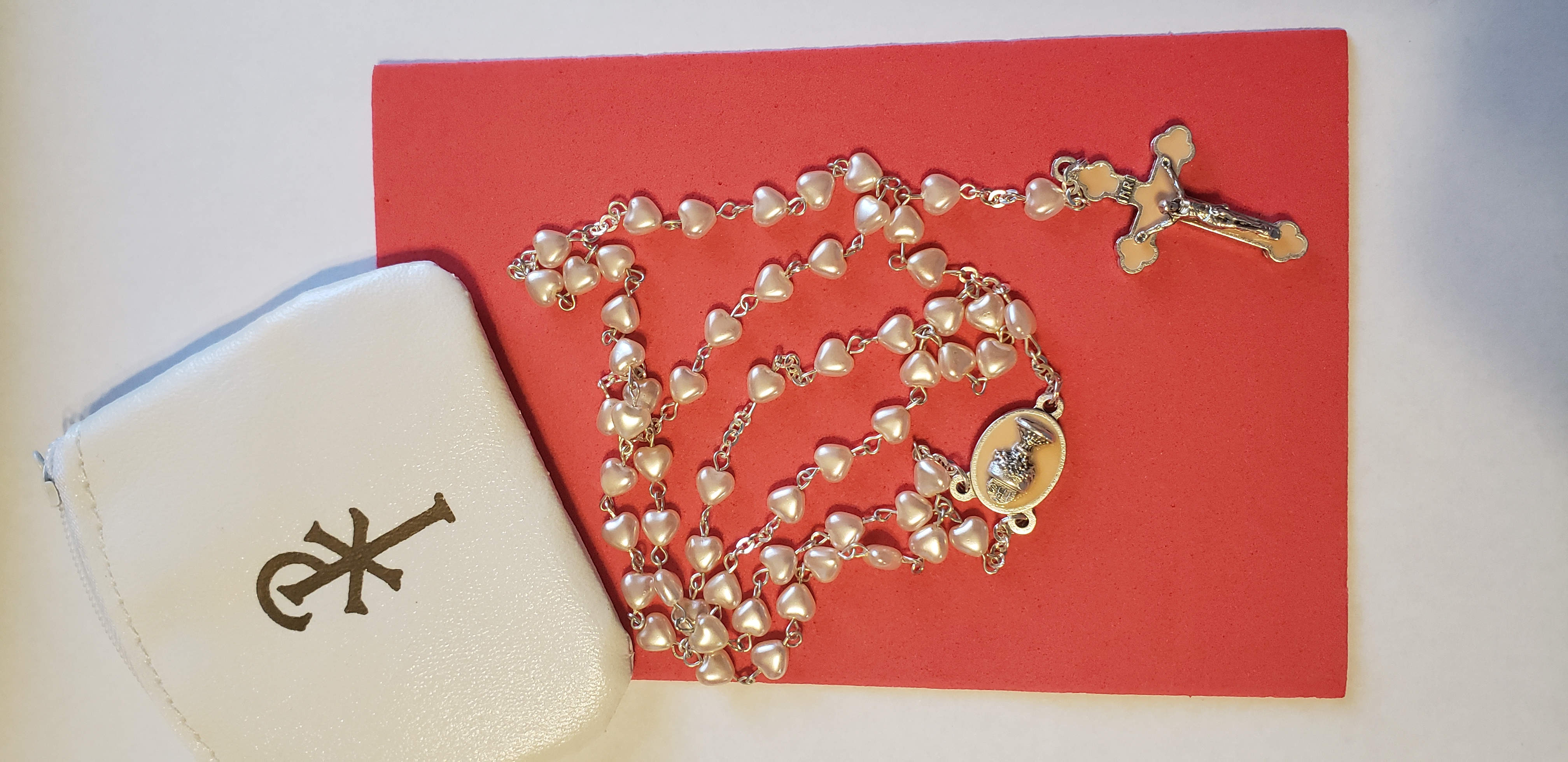 Image for White heart shaped bead. Communion Rosary/BoxedWhite Rosary case included