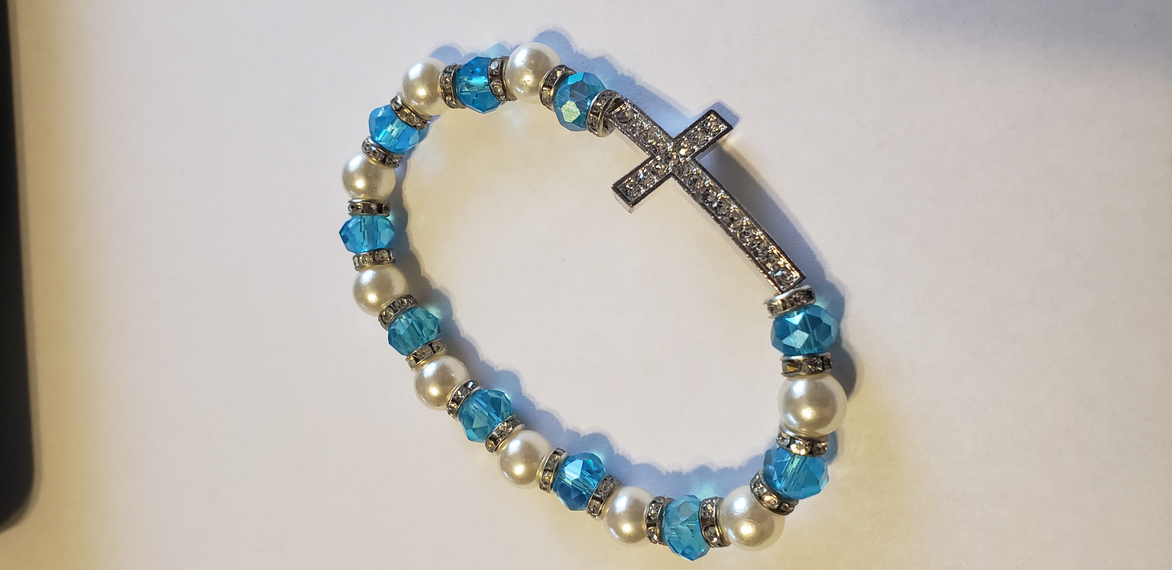 Image for 8mm Light Blue and White Stretch Bracelet with Crystal Cross